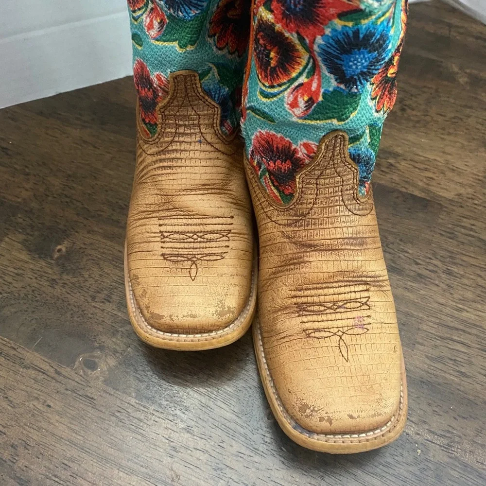 Ariat Kids Floral Western Boots Tan Leather Square Toe 10023078 Size 12.5